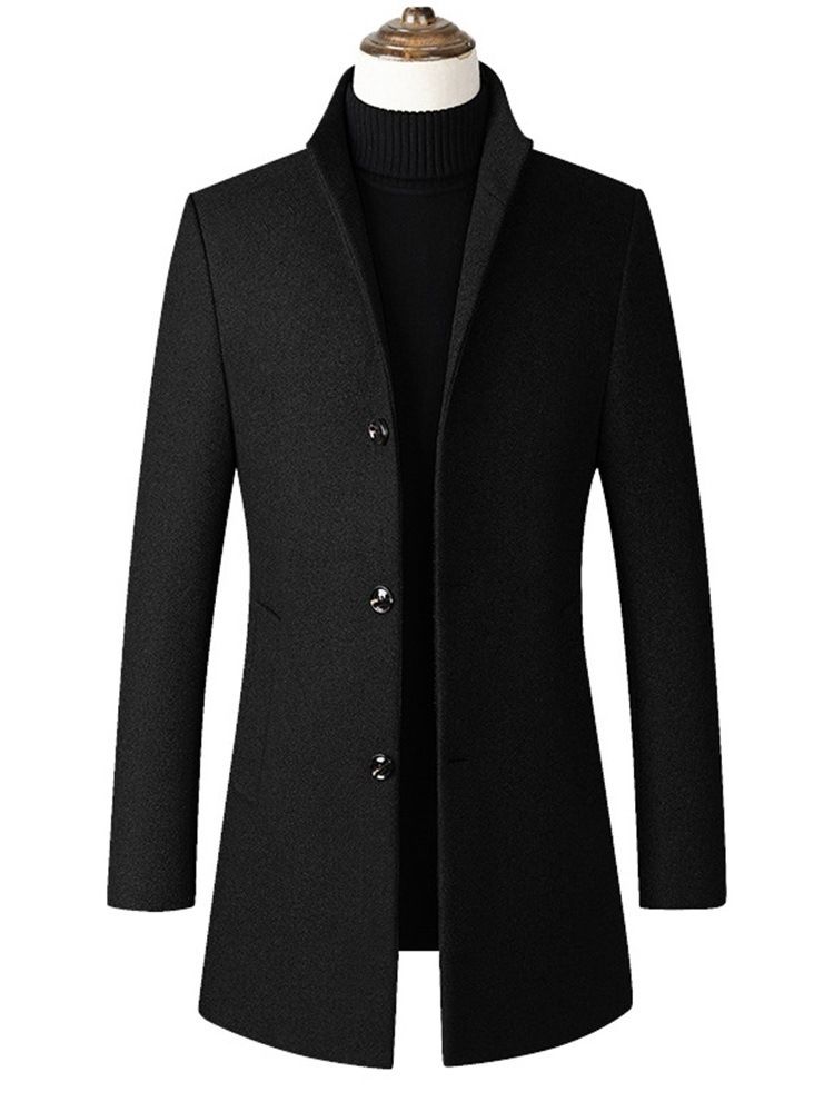 Casaco Liso De Lã Masculina De Comprimento Médio Com Colarinho Liso