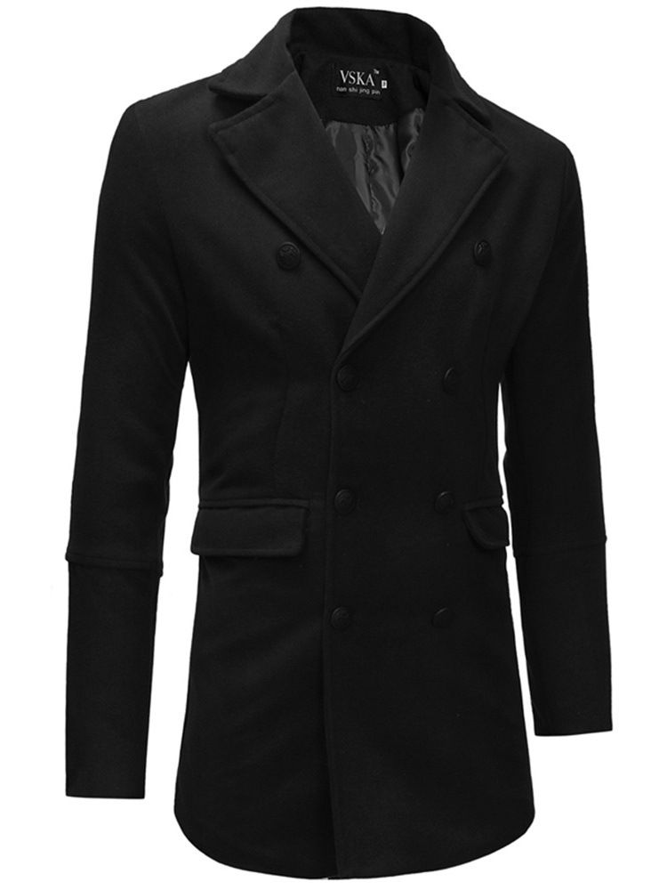 Casaco Liso De Lã Masculina De Comprimento Médio Com Peito Duplo
