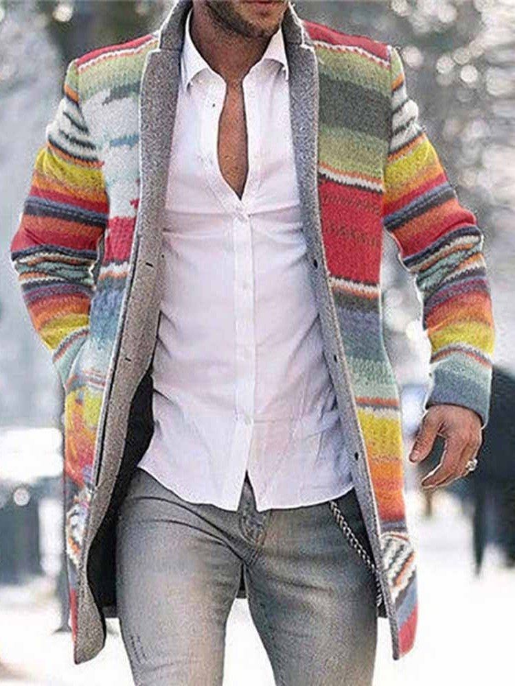 Color Block Casaco Masculino De Peito Único Com Botão De Comprimento Médio