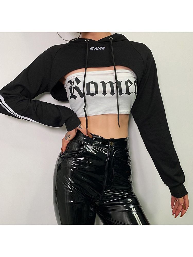 Camisola Feminina De Manga Comprida Com Capuz Na Barriga Exposta