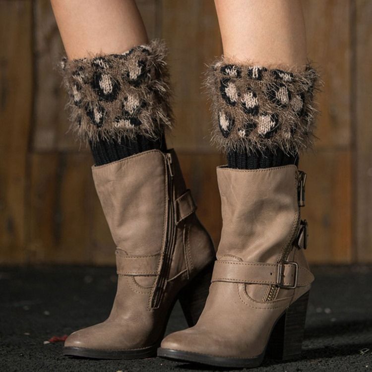 Botas Femininas Com Estampa De Leopardo Meias E Punhos
