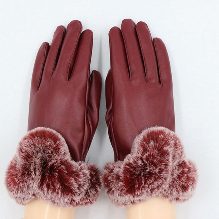 Luvas Femininas De Cabelo Fofo Cônico De Couro À Prova De Vento Para Senhora