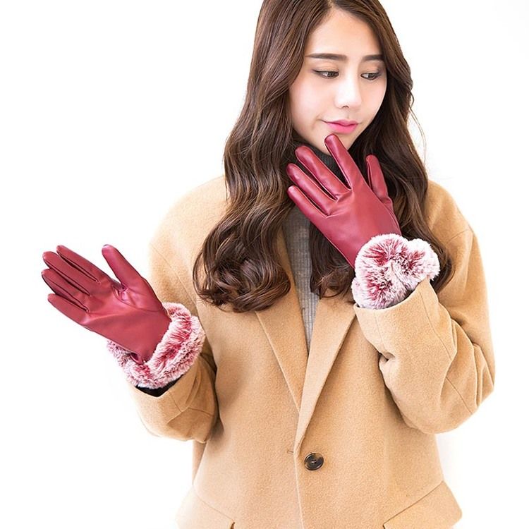 Luvas Femininas Com Bola De Cabelo De Pu Com Tela De Toque Da Moda