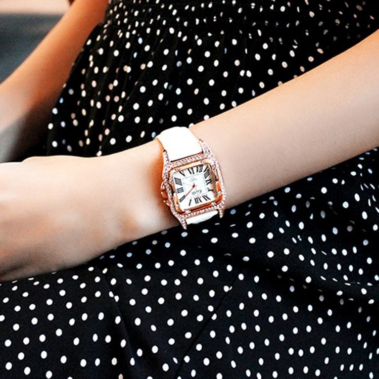 Square Diamante Pu Mulheres Watch