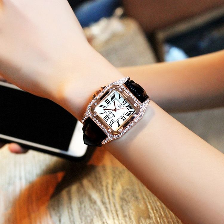 Square Diamante Pu Mulheres Watch