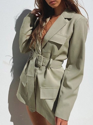Blazer Casual Feminino Com Cadarço Manga Comprida Entalhada Lapela De Comprimento Médio