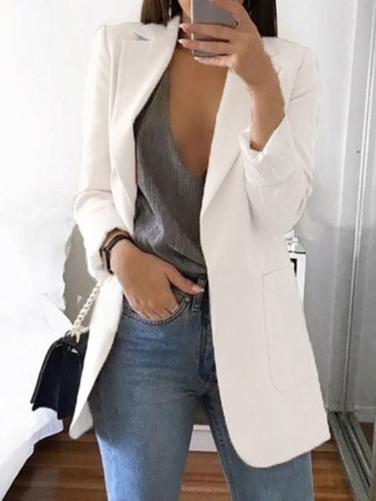 Blazer Casual Feminino De Lapela Com Entalhe Liso Longo Outono Comprimento Médio