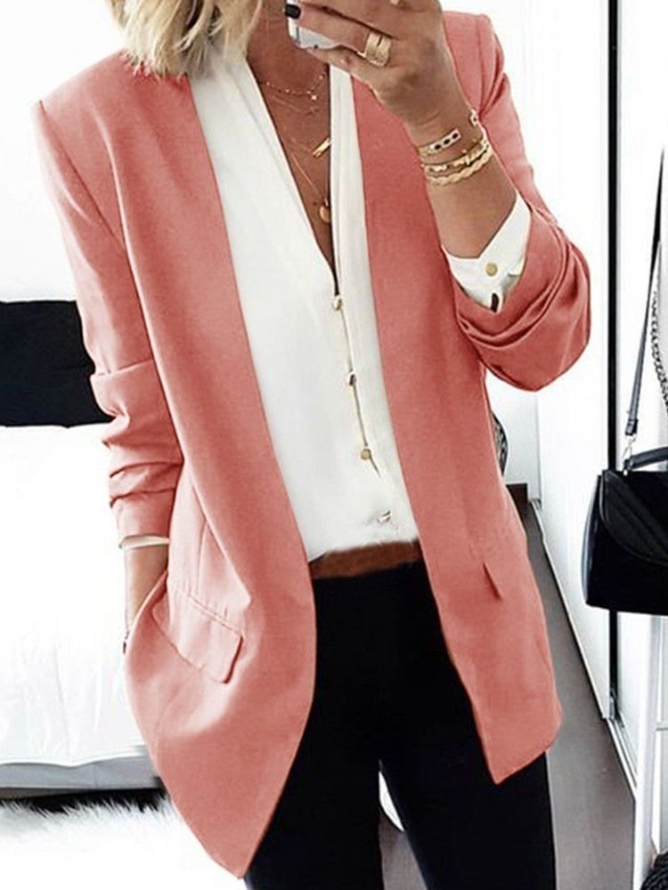 Blazer Casual Feminino Liso Com Entalhe Lapela Manga Comprida De Comprimento Médio