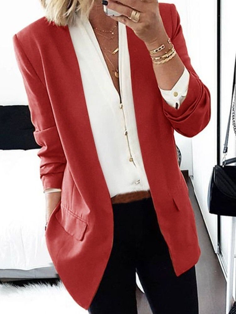 Blazer Casual Feminino Liso Com Entalhe Lapela Manga Comprida De Comprimento Médio
