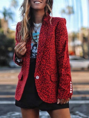 Blazer Casual Feminino Regular Com Lapela Entalhada Leopardo De Comprimento Médio