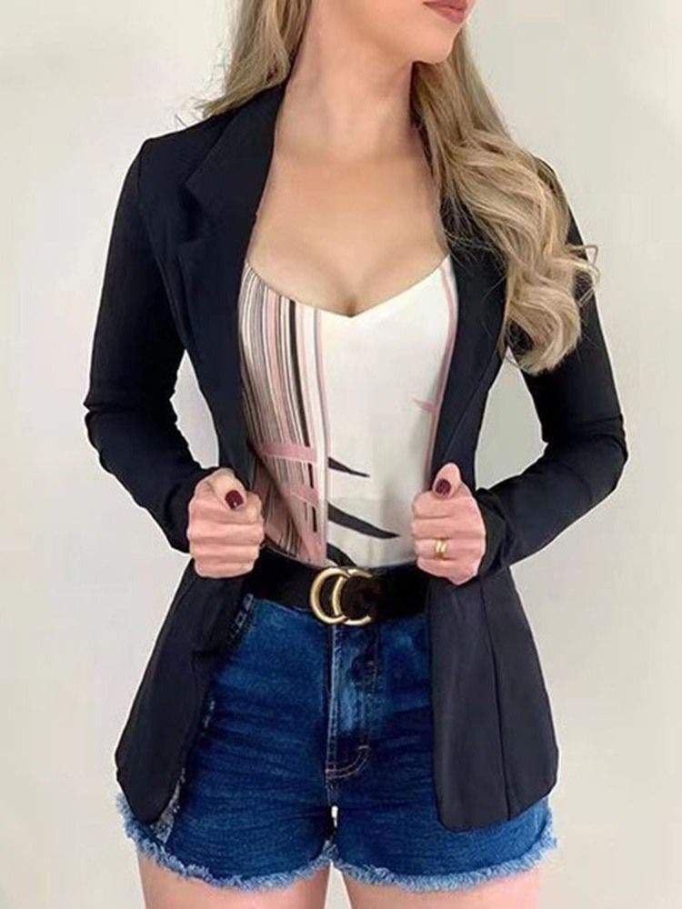Blazer Casual Feminino Simples Com Lapela Entalhada Longa Manga Normal Padrão