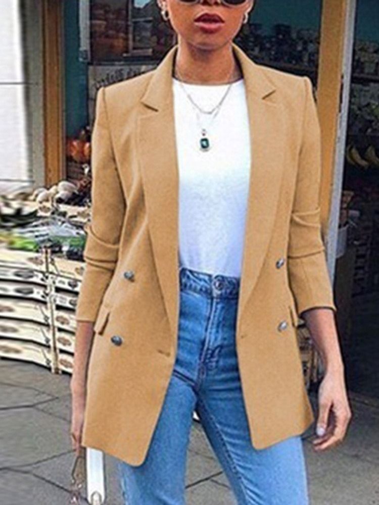 Blazer Feminino Casual De Lapela Com Peito Duplo Comprimento Médio Outono