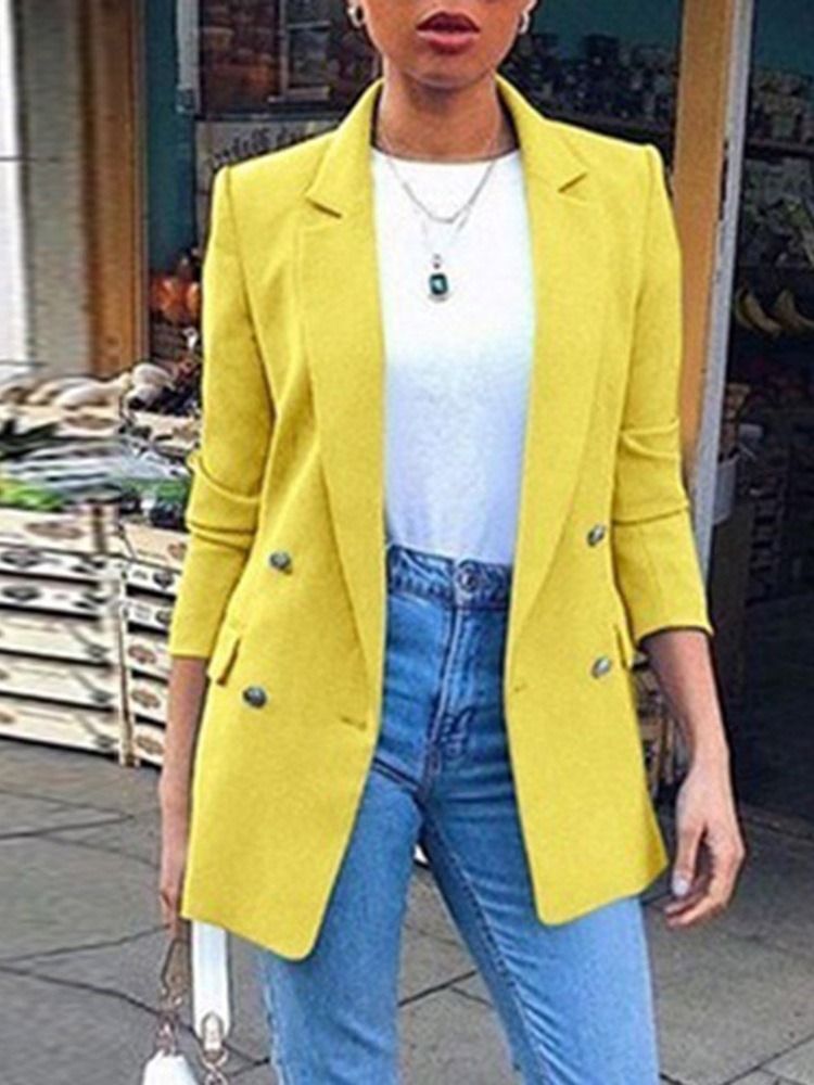 Blazer Feminino Casual De Lapela Com Peito Duplo Comprimento Médio Outono