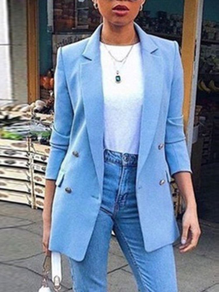 Blazer Feminino Casual De Lapela Com Peito Duplo Comprimento Médio Outono
