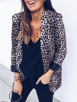 Blazer Feminino Casual De Manga Comprida Enrolada Leopardo De Comprimento Médio