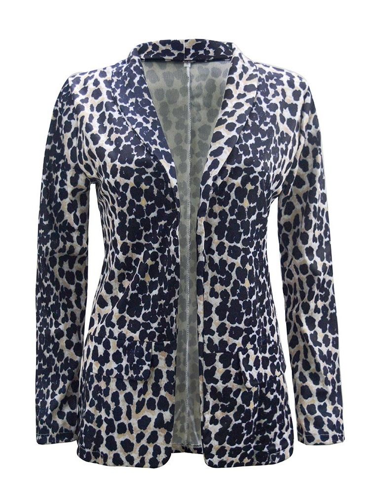 Blazer Feminino Casual De Manga Comprida Enrolada Leopardo De Comprimento Médio