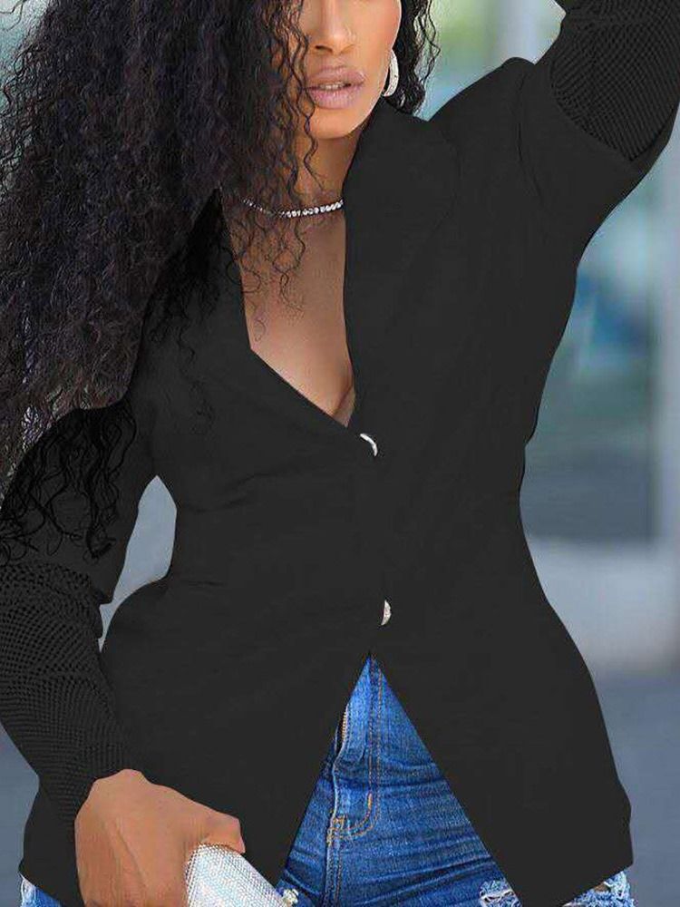 Blazer Feminino Liso De Lapela Longa Manga Comprida Padrão Regular Casual