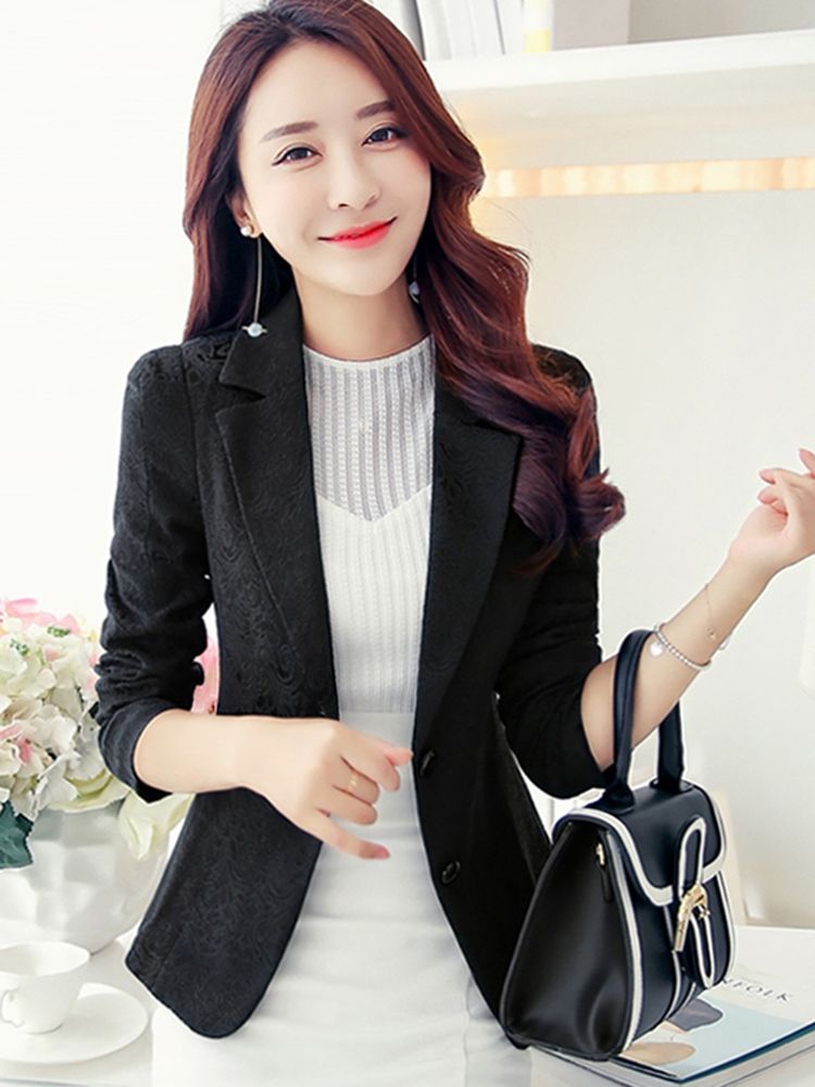 Blazer Feminino De Manga Comprida Com Lapela Entalhada De Peito Único