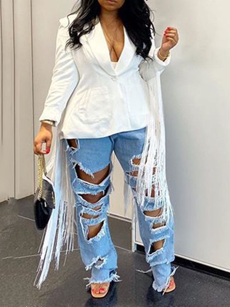 Blazer Longo Casual Feminino De Manga Comprida Liso Com Um Botão