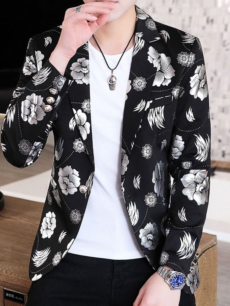 Blazer Masculino De Lazer Com Estampa Floral De Lapela Entalhada
