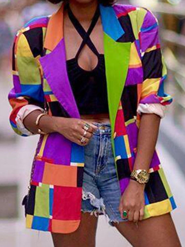 Lapela Entalhada Bloco De Nove Pontos Manga Média Comprimento Feminino Blazer Casual