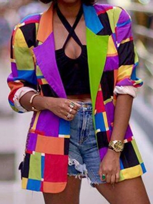 Lapela Entalhada Bloco De Nove Pontos Manga Média Comprimento Feminino Blazer Casual