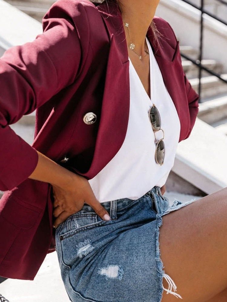 Lapela Feminina De Manga Curta Lisa Com Entalhes Regulares Blazer Casual De Comprimento Médio