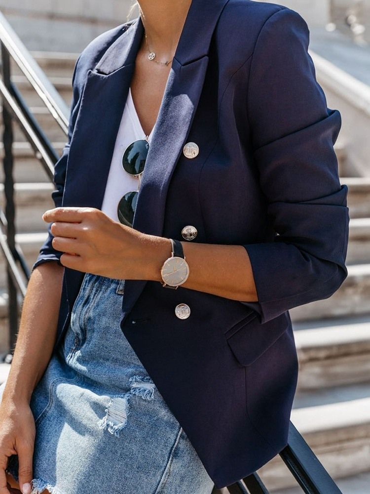 Lapela Feminina De Manga Curta Lisa Com Entalhes Regulares Blazer Casual De Comprimento Médio