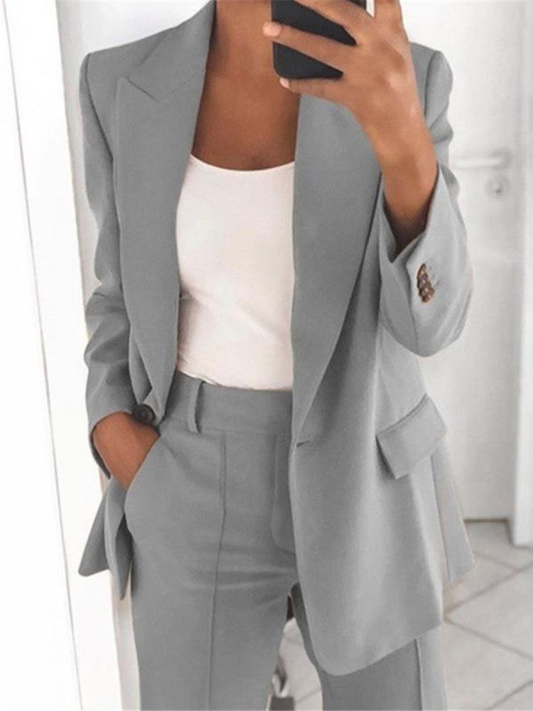 Lapela Lisa Entalhada Um Botão Blazer Casual Feminino De Comprimento Médio