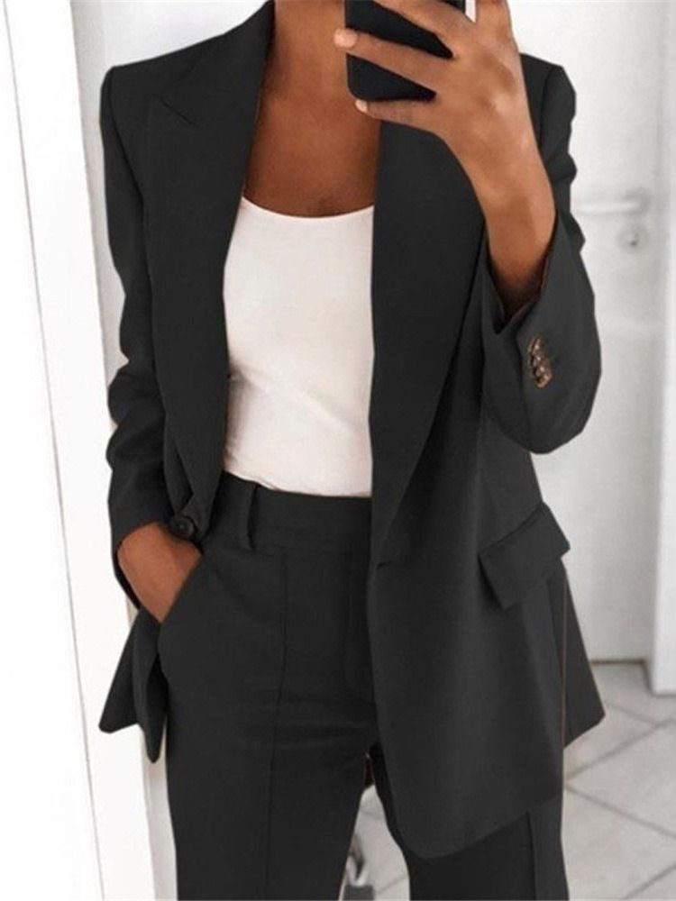 Lapela Lisa Entalhada Um Botão Blazer Casual Feminino De Comprimento Médio
