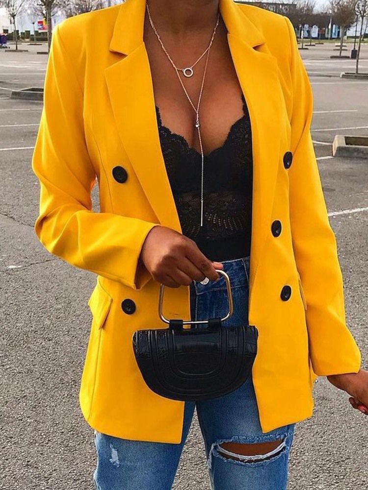 Liso Com Peito Duplo Manga Comprida Outono Blazer Casual Feminino