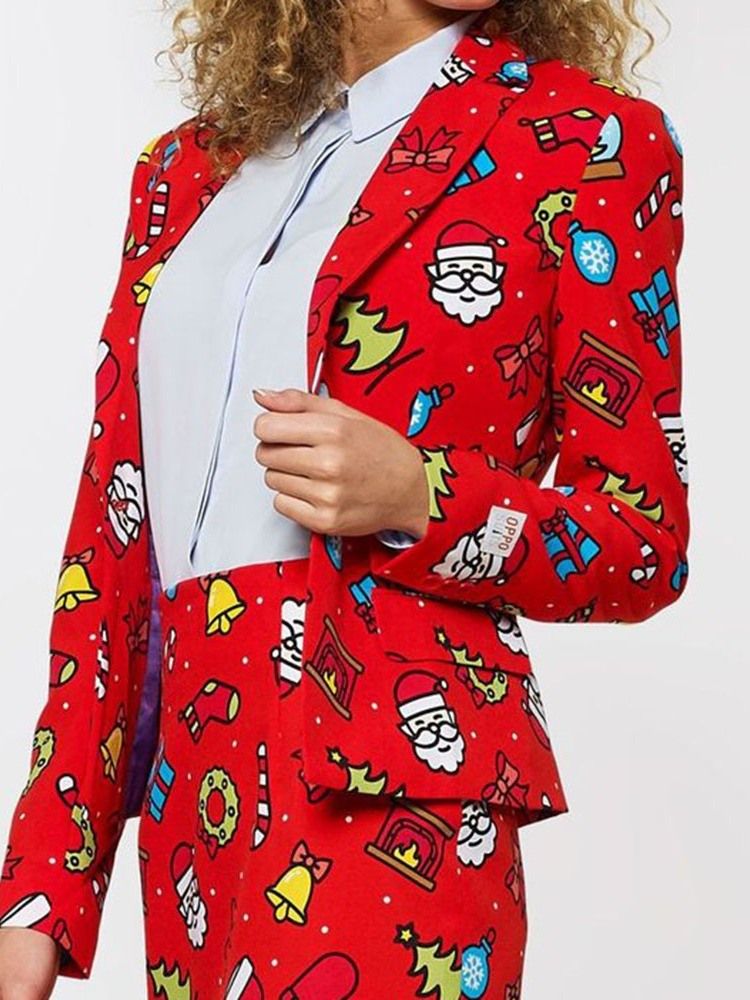 Um Botão De Manga Comprida Desenho Animado Padrão De Natal Casual Blazer Feminino