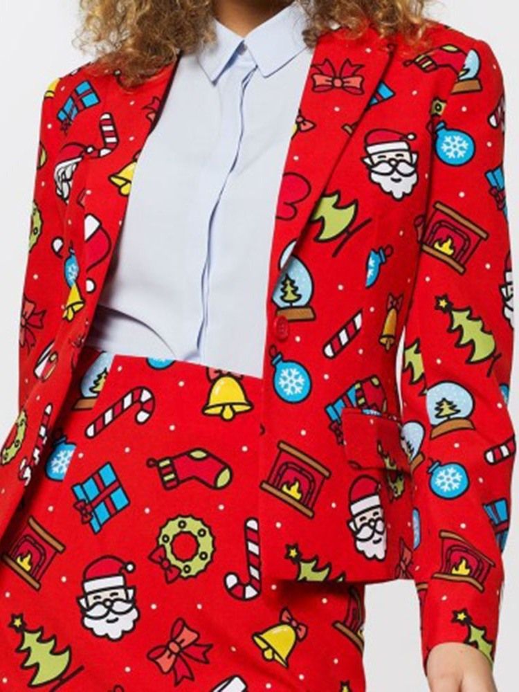 Um Botão De Manga Comprida Desenho Animado Padrão De Natal Casual Blazer Feminino