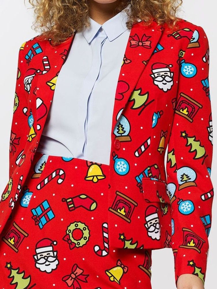 Um Botão De Manga Comprida Desenho Animado Padrão De Natal Casual Blazer Feminino