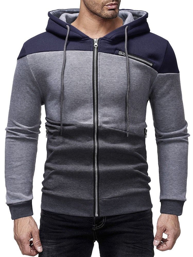 Cardigan Color Block Zipper Casacos Casuais Masculinos