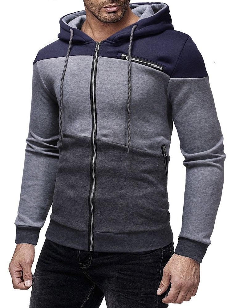 Cardigan Color Block Zipper Casacos Casuais Masculinos