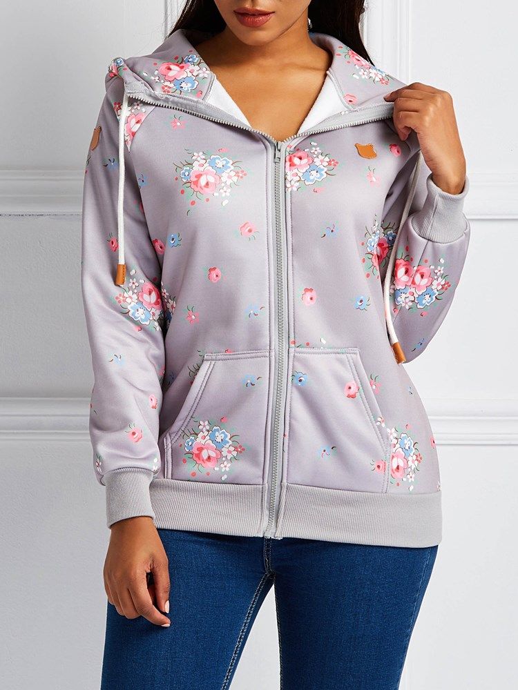 Casaco Feminino Com Estampa Floral De Mangas Compridas Com Zíper E Capuz Legal