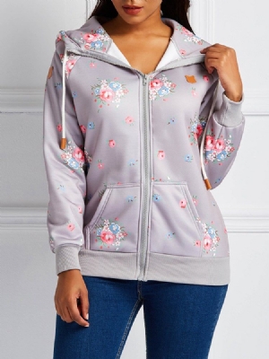 Casaco Feminino Com Estampa Floral De Mangas Compridas Com Zíper E Capuz Legal