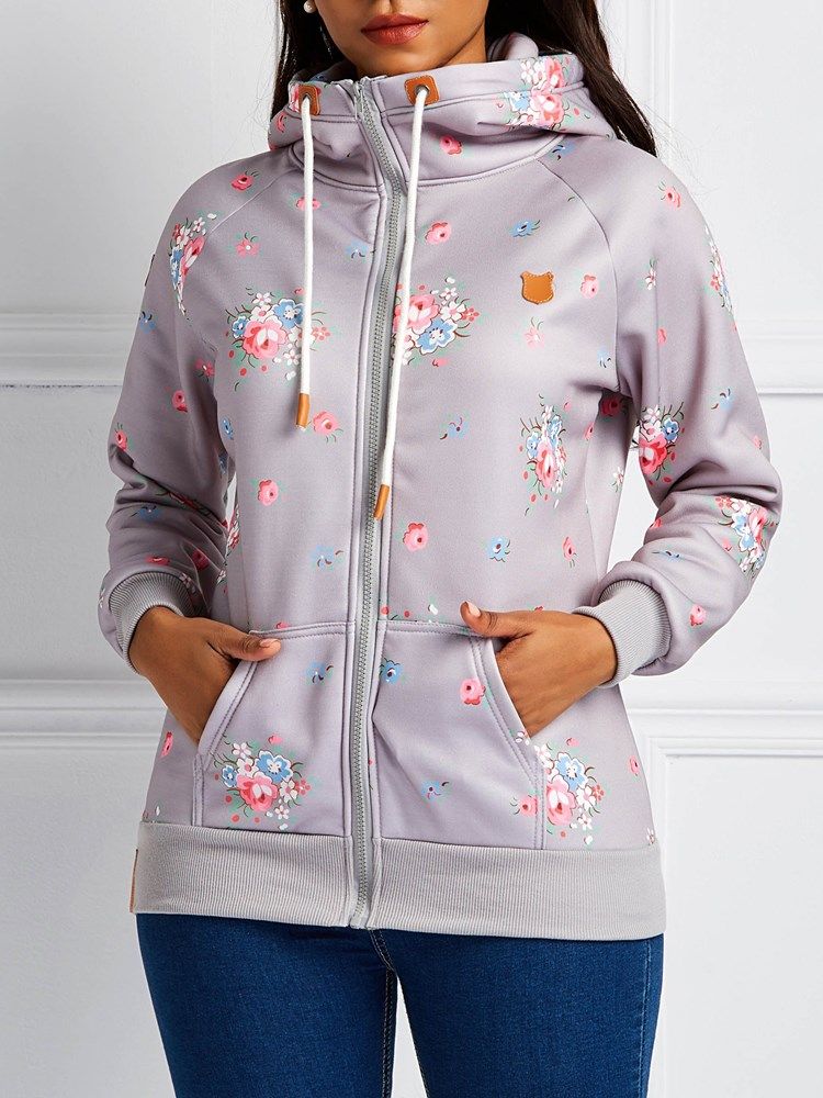 Casaco Feminino Com Estampa Floral De Mangas Compridas Com Zíper E Capuz Legal