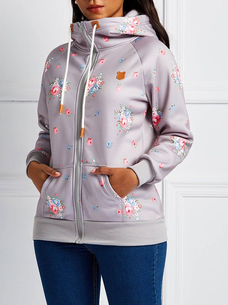 Casaco Feminino Com Estampa Floral De Mangas Compridas Com Zíper E Capuz Legal