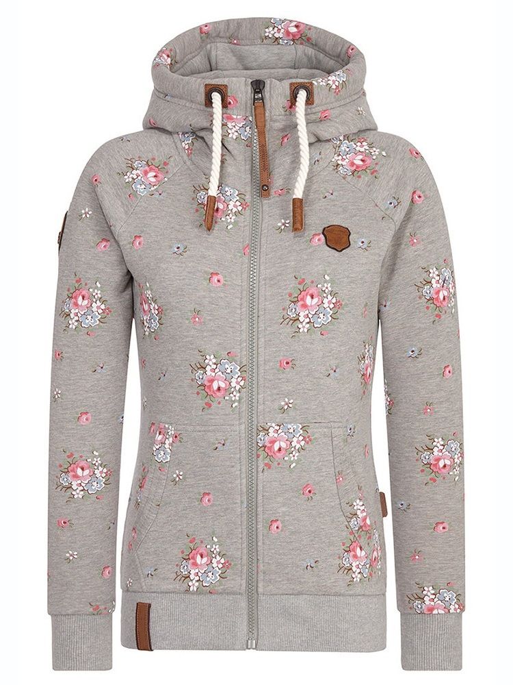 Casaco Feminino Com Estampa Floral De Mangas Compridas Com Zíper E Capuz Legal