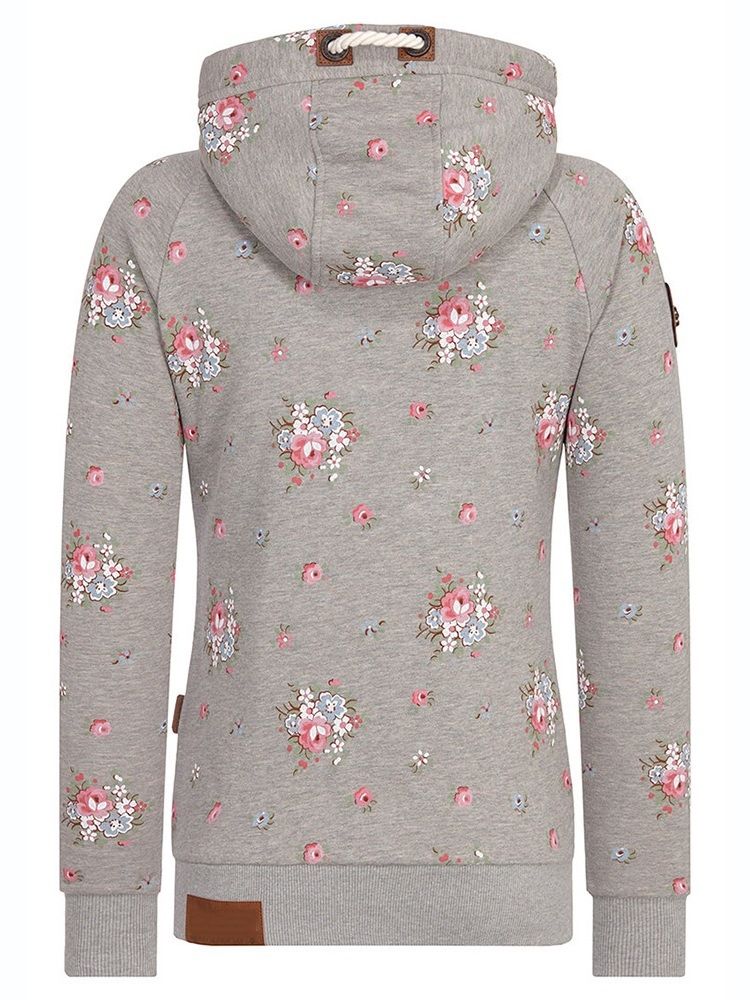Casaco Feminino Com Estampa Floral De Mangas Compridas Com Zíper E Capuz Legal