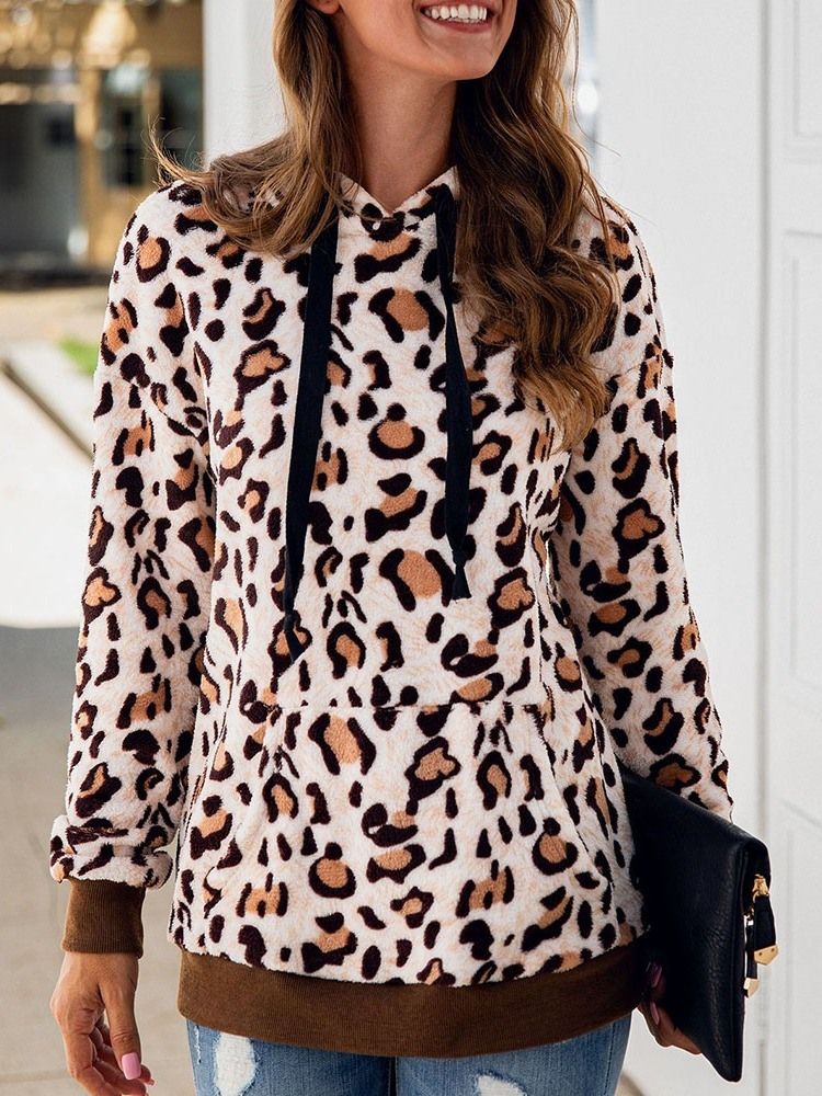 Hoodie Feminino De Manga Comprida De Comprimento Médio Leopardo