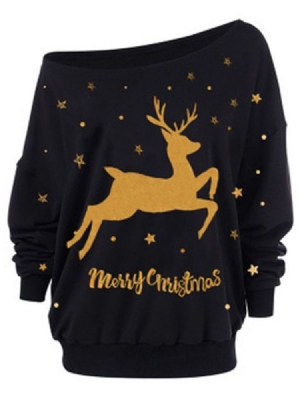 Impressão Em Bloco De Cores Regular Com Capuz Feminino De Natal De Comprimento Médio