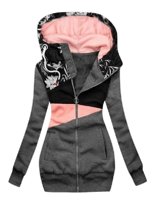 Moletom Floral Com Zíper Regular Outono Manga Comprida Com Capuz Feminino