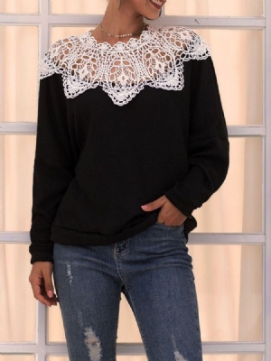 Patchwork Lace Renda Manga Longa Moletom Com Capuz Feminino