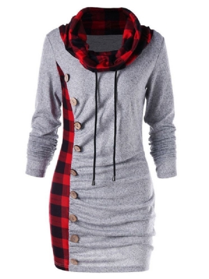 Xadrez Feminino De Gola Alta E Comprimento Médio Com Capuz Elegante
