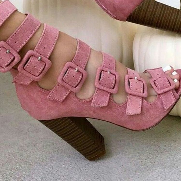 Botas Peep Toe Redondas Femininas Com Fivela Rosa