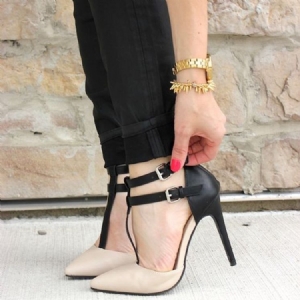 Feminino Toe Pontudo T Strap Salto Stiletto