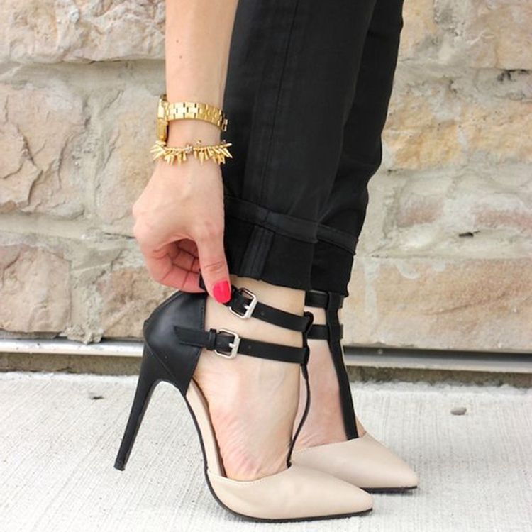 Feminino Toe Pontudo T Strap Salto Stiletto